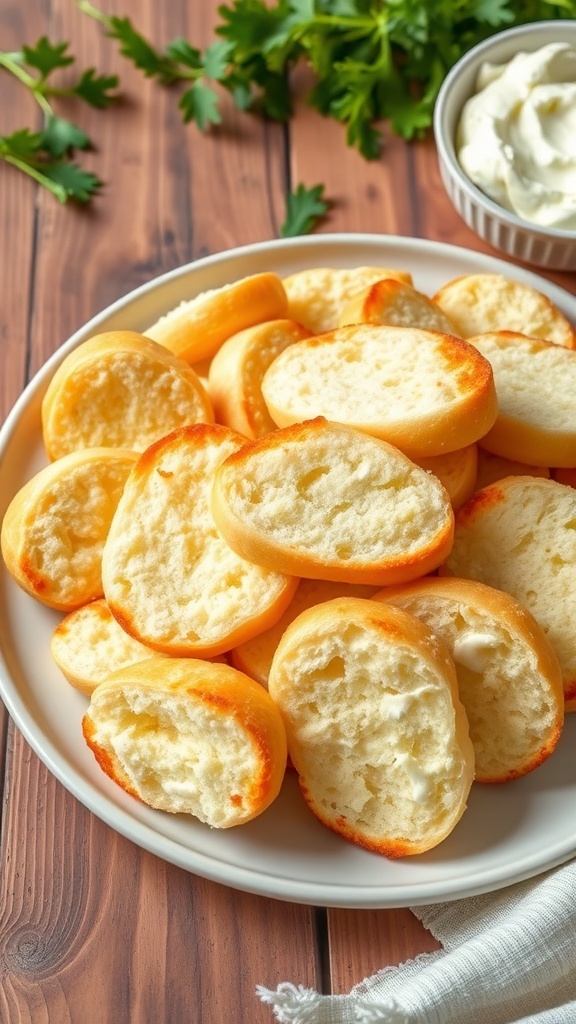 Fluffy cloud bread pieces on a plate, with cream cheese spread on the side.